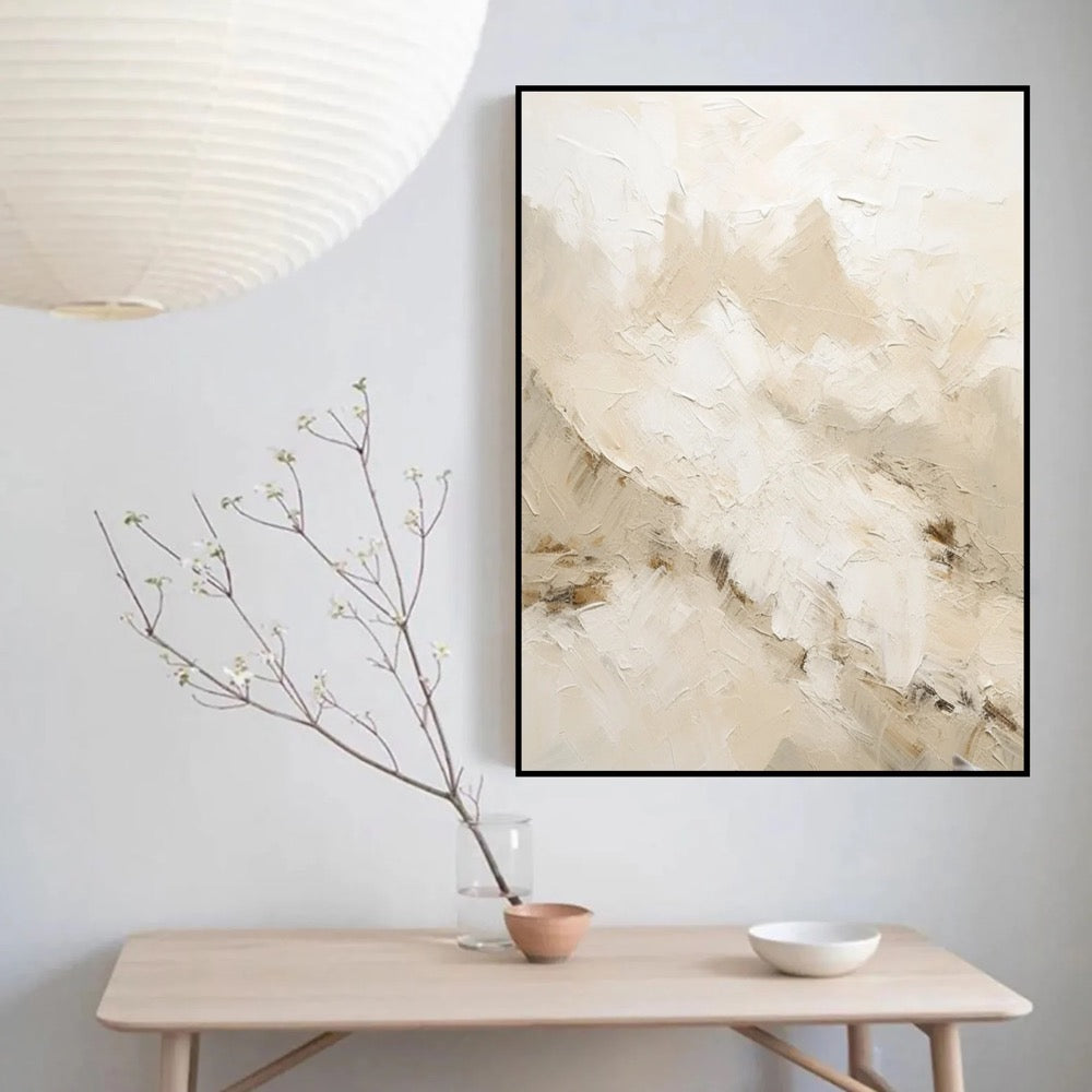 Handmade Beige Abstract Painting: Textured Nordic Wabi-Sabi Art