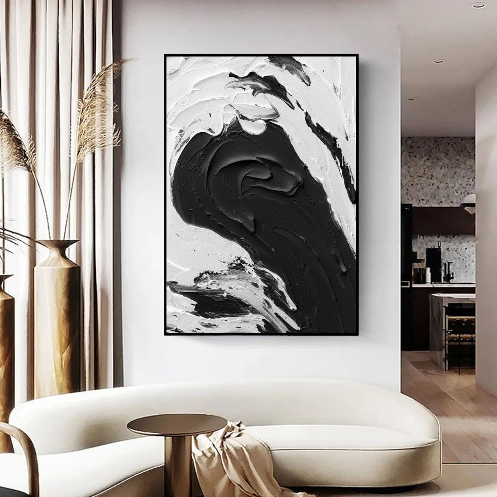 Black and White Textured Abstract Painting: Minimalist Wall Art
