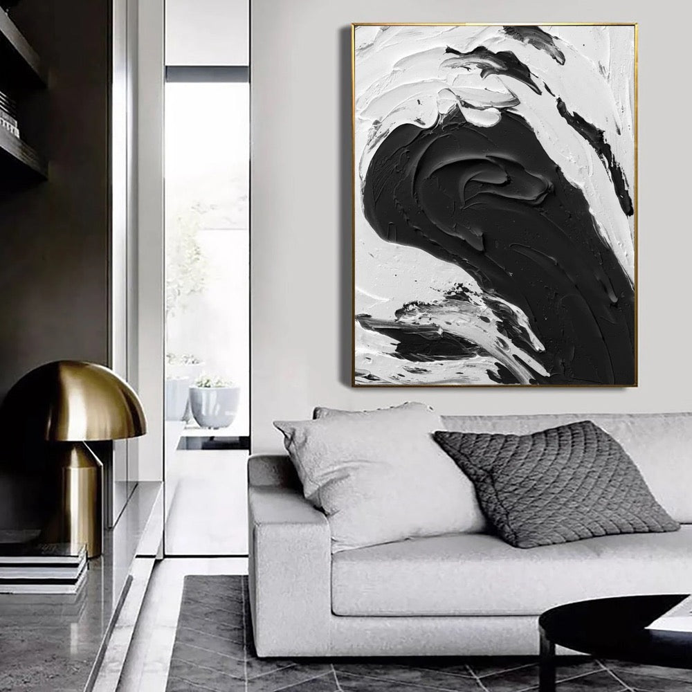Black and White Textured Abstract Painting: Minimalist Wall Art
