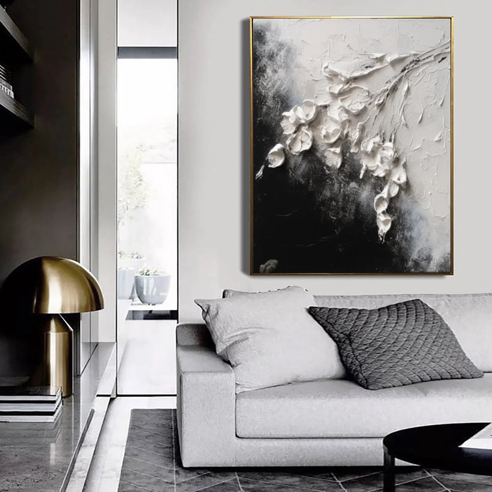 Textured Flower Painting: Black White Abstract Floral Art