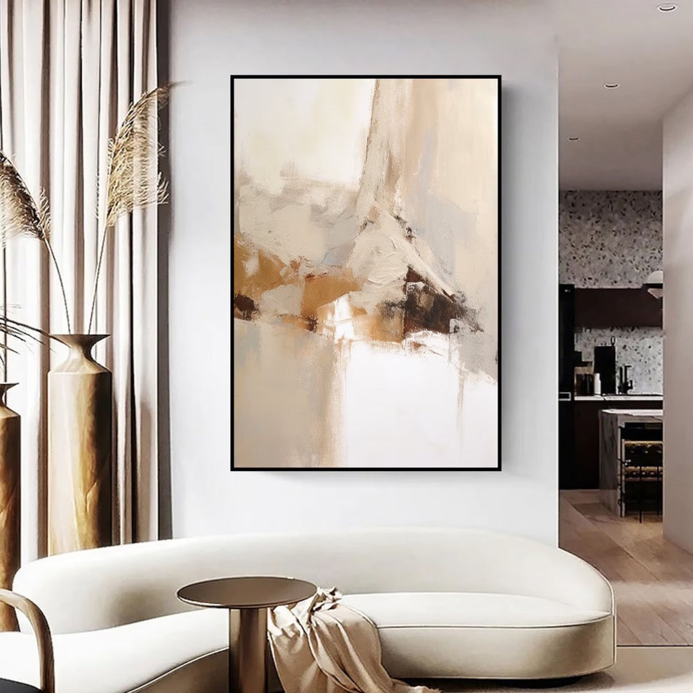 Large Beige Abstract Painting: Brown Wabi Sabi Textured Wall Art