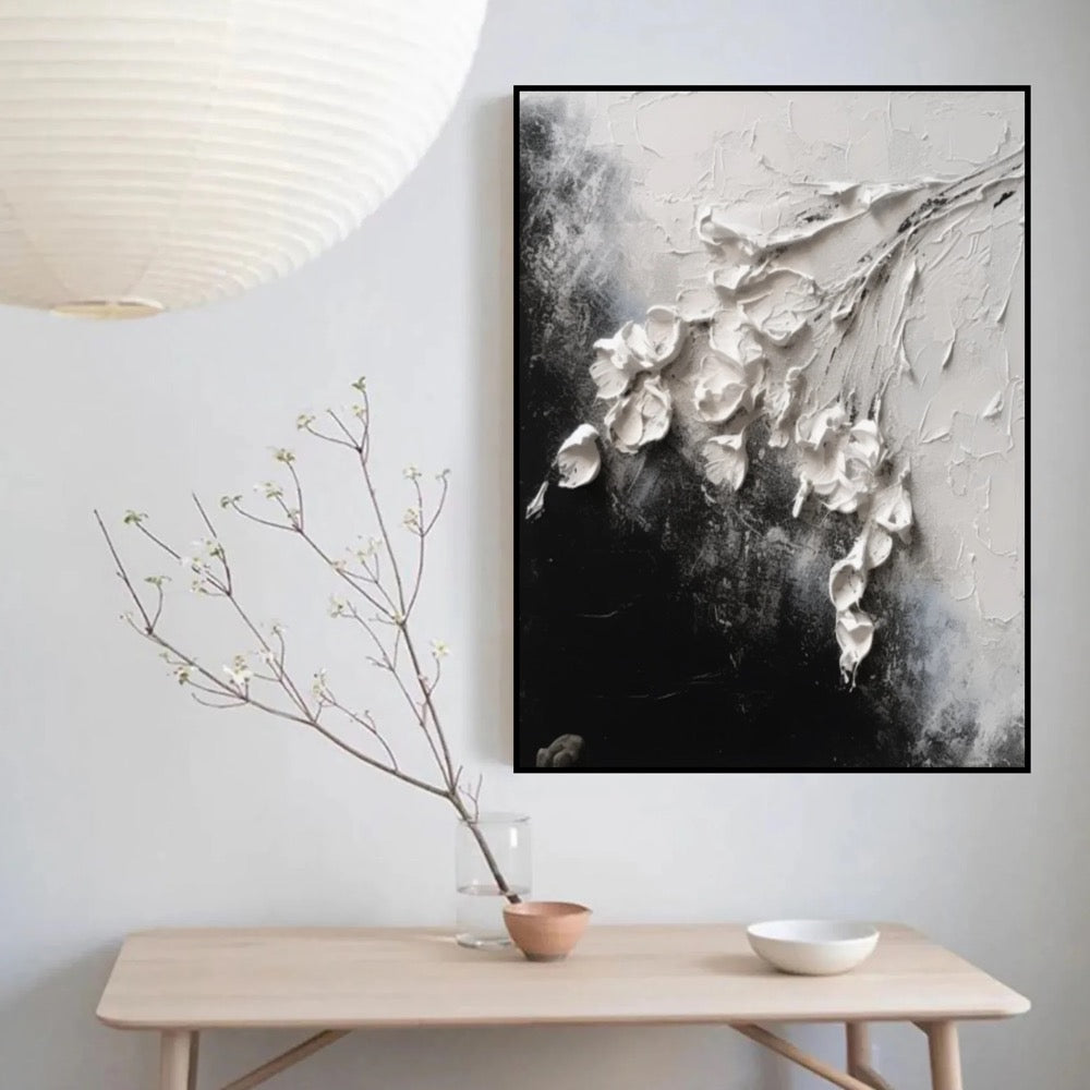 Textured Flower Painting: Black White Abstract Floral Art