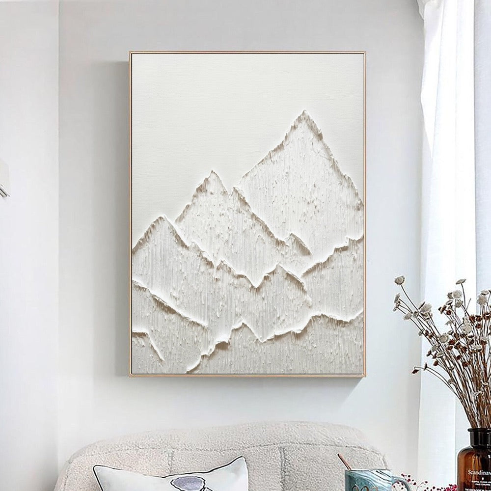 Large White Abstract Mountain Painting: 3D Texture Wabi Sabi Wall Art