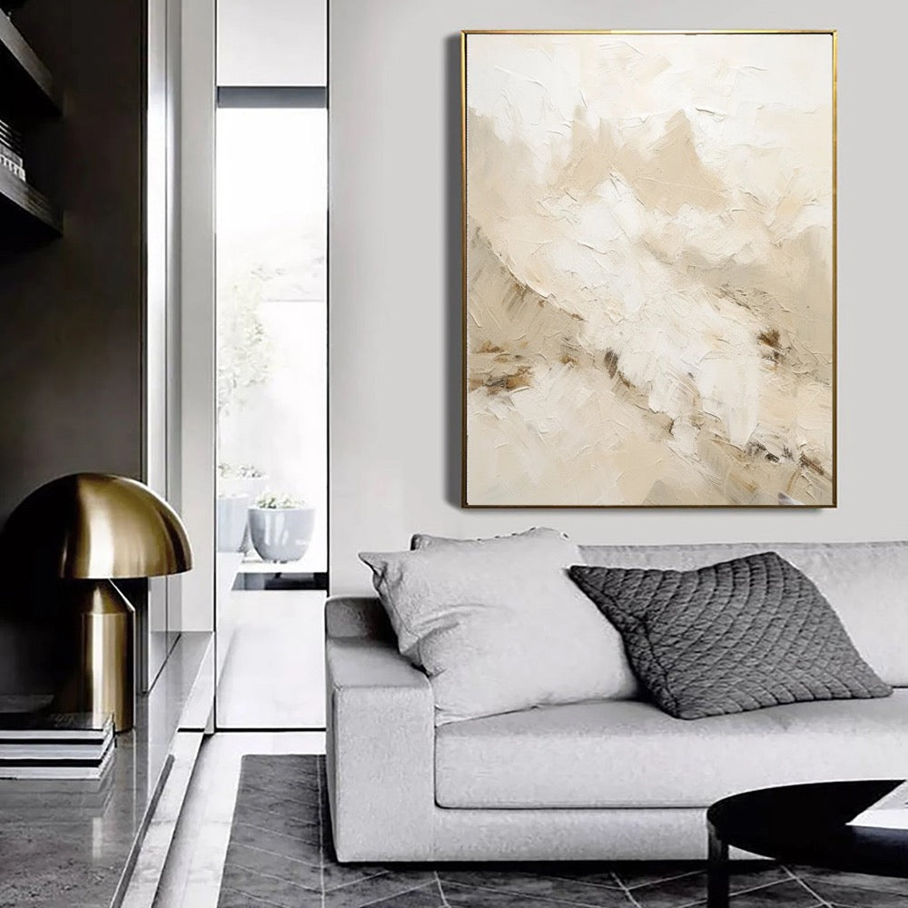 Handmade Beige Abstract Painting: Textured Nordic Wabi-Sabi Art