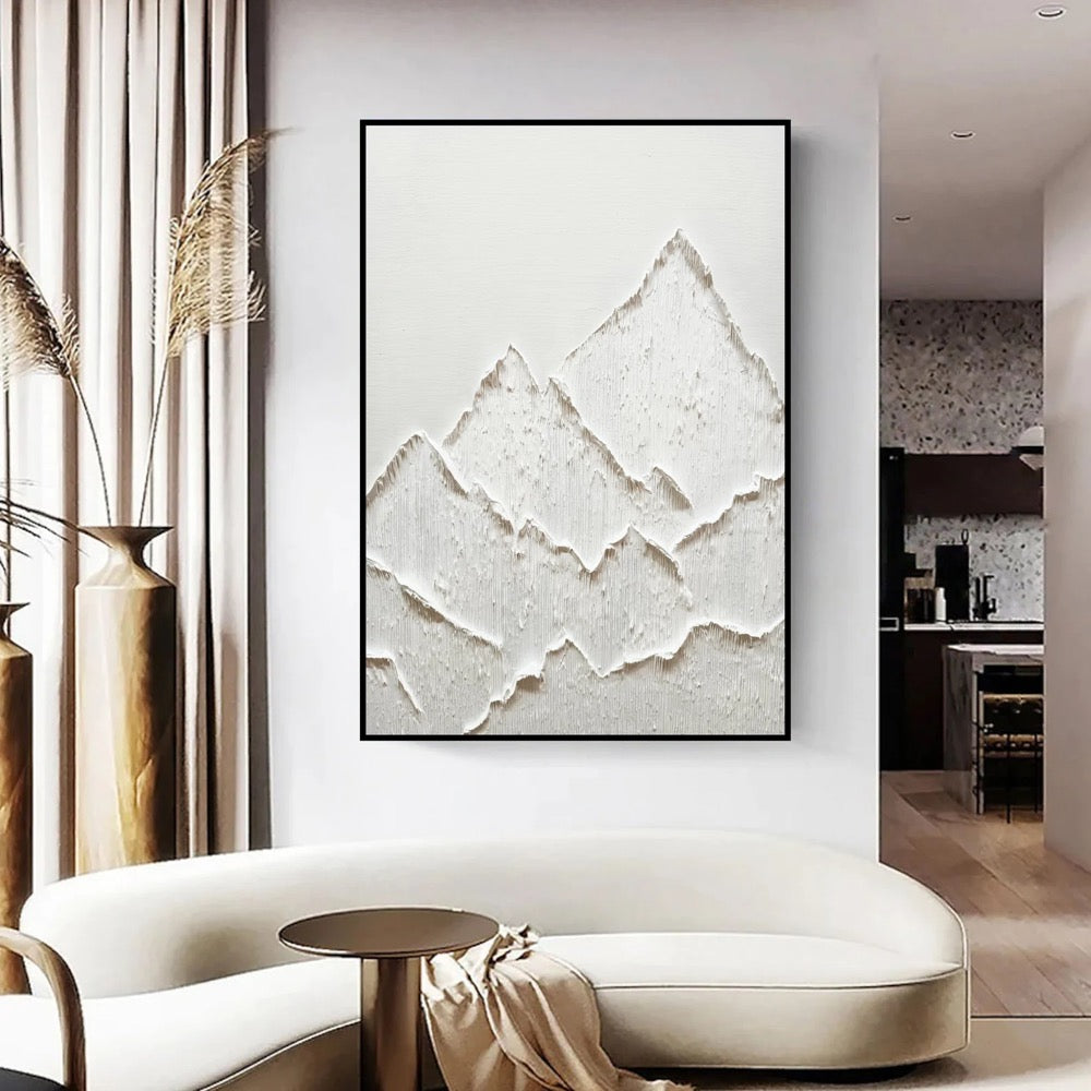 Large White Abstract Mountain Painting: 3D Texture Wabi Sabi Wall Art