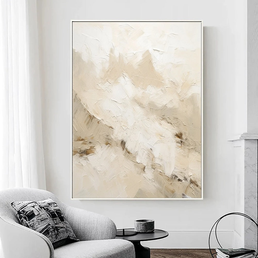 Handmade Beige Abstract Painting: Textured Nordic Wabi-Sabi Art