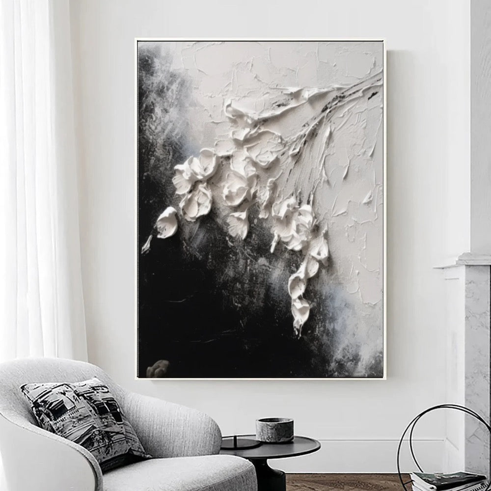 Textured Flower Painting: Black White Abstract Floral Art