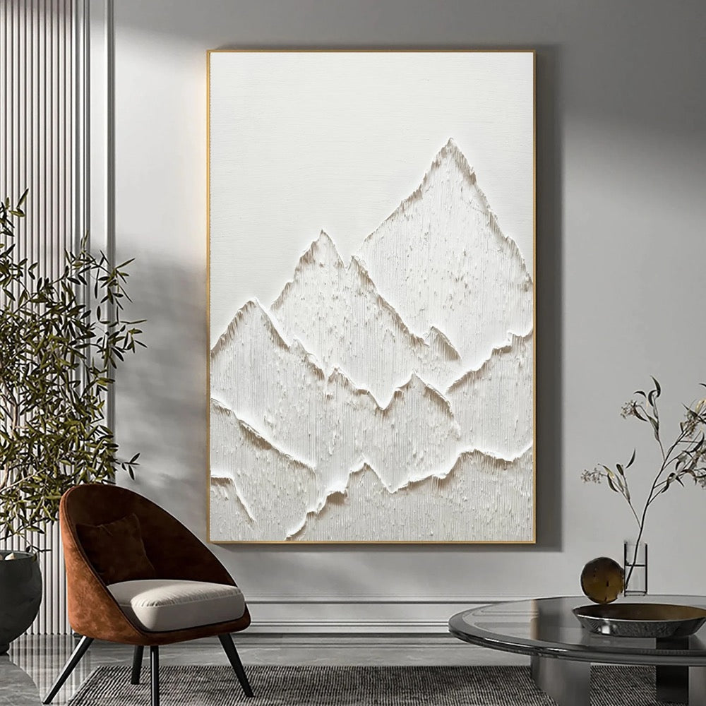 Large White Abstract Mountain Painting: 3D Texture Wabi Sabi Wall Art