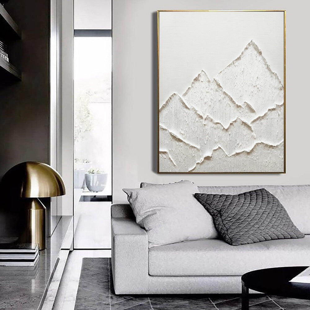 Large White Abstract Mountain Painting: 3D Texture Wabi Sabi Wall Art