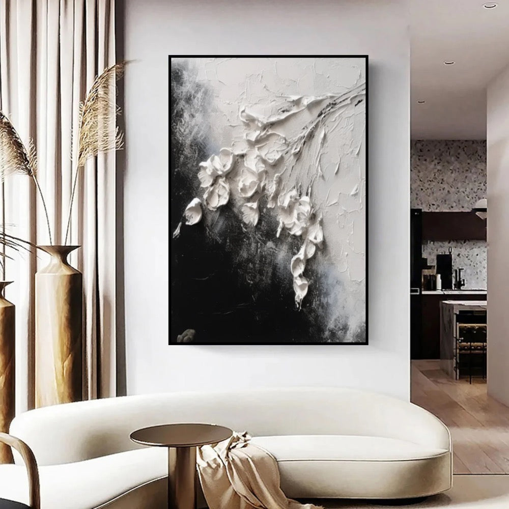 Textured Flower Painting: Black White Abstract Floral Art