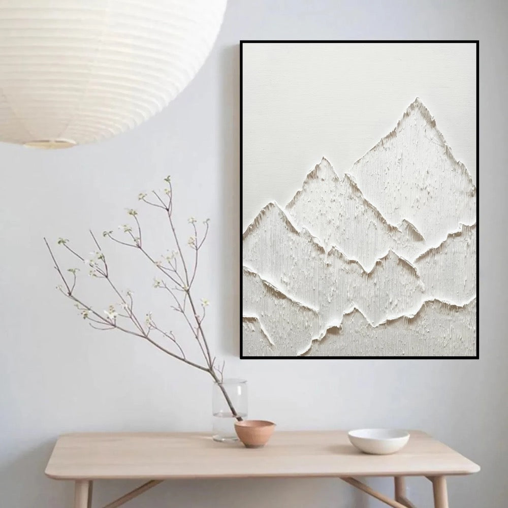 Large White Abstract Mountain Painting: 3D Texture Wabi Sabi Wall Art