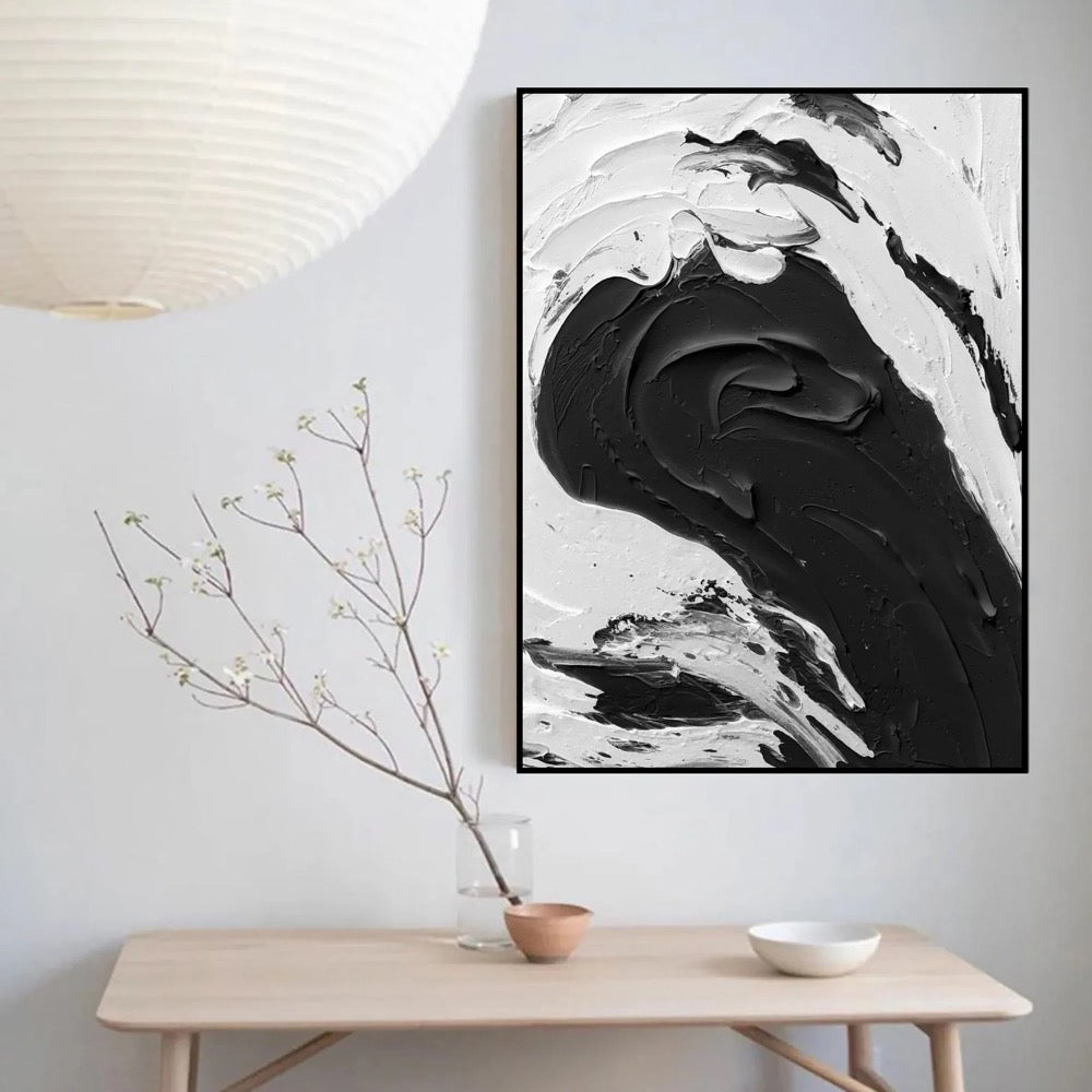 Black and White Textured Abstract Painting: Minimalist Wall Art