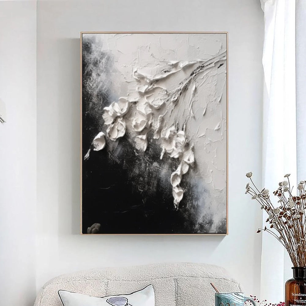 Textured Flower Painting: Black White Abstract Floral Art