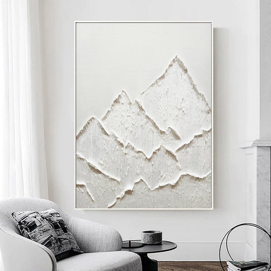 Large White Abstract Mountain Painting: 3D Texture Wabi Sabi Wall Art