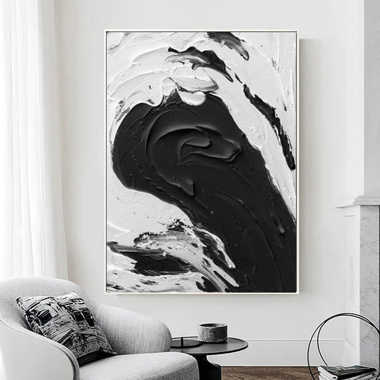 Black and White Textured Abstract Painting: Minimalist Wall Art